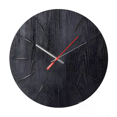 Stylish Black Round Clock with Wooden Texture Red and Silver Hands Minimalist Design Markers 3d model