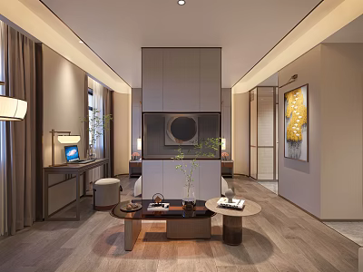 Modern Hotel Guest Room With Sofa Coffee Table TV Desk And Wooden Floor 3d model