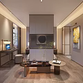 Modern Hotel Guest Room With Sofa Coffee Table TV Desk And Wooden Floor