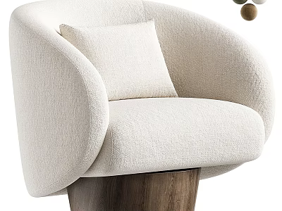 Beige Upholstered Accent Chair with Curved Backrest and Wooden Base and Comfortable Cushion 3d model