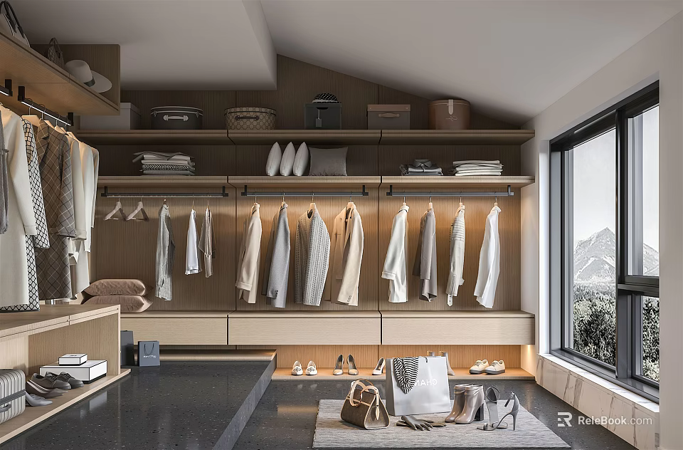 Modern Walk in Closet Interior Design With Hanging Clothes Shelves Shoes Bags And Natural Light 3d model 