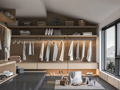 Modern Walk in Closet Interior Design With Hanging Clothes Shelves Shoes Bags And Natural Light 3d model