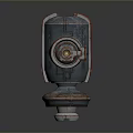 Retro Sci Fi Mechanical Device With Blue Red Accents Circular Center And Stable Base