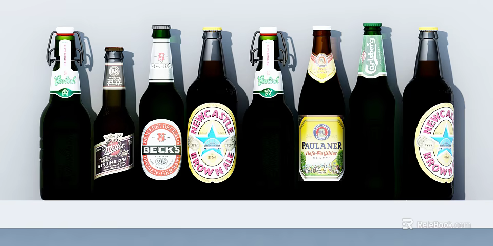 Row Of Beer Bottles And Glasses With Different Brand Labels 3d model 
