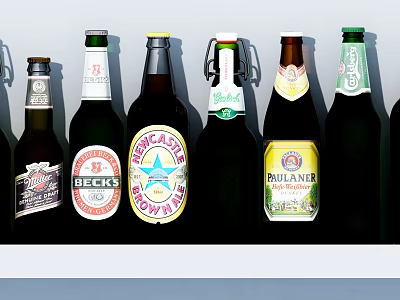 Row Of Beer Bottles And Glasses With Different Brand Labels 3d model