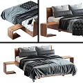 Modern Double Bed With Wooden Headboard Gray Bedding Geometric Pattern And Side Tables 3d model