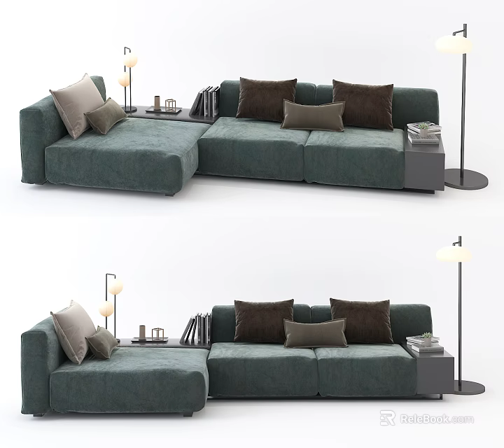 Teal Sectional Sofa With Decorative Pillows Floor Lamps And Side Table 3d model