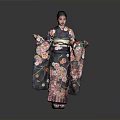 Woman in Traditional Kimono with Floral Patterns against Gray Background