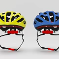 Yellow And Blue Cycling Helmets With Ventilation Holes And Red Straps