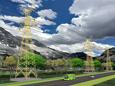 Scenic Mountain Landscape With High Voltage Towers Road Vehicles And Green Trees Under Blue Sky 3d model