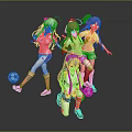 Anime Characters In Pink Sports Outfits With Colorful Hair Holding Soccer Balls And Dynamic Poses