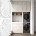 Modern Bathroom Cabinetry with White Cabinets Sink Washing Machine Dryer and Window Blinds