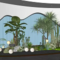 Indoor Landscape With Wavy Blue Background Wall Various Plants Cacti Round White Lamps And Pebbles