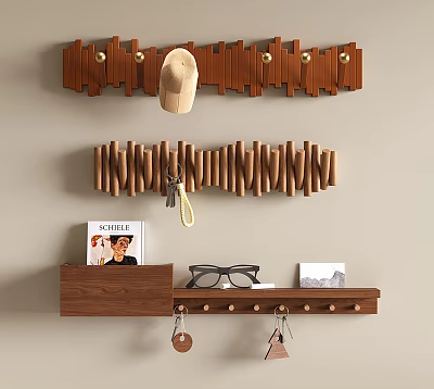 Wooden Wall Mounted Hooks with Hanging Hat Keys Glasses and Small Shelf for Home Organizer 3d model