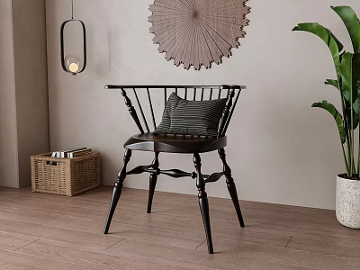 Dark Wooden Dining Chair With Striped Cushion Woven Wall Decor Hanging Lamp And Green Plant 3d model