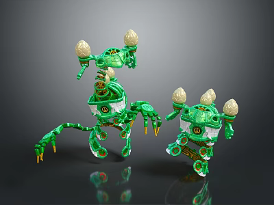 Two Green Metallic Mechanical Game And Movie Characters With Spherical Heads Limb Joints 3d model