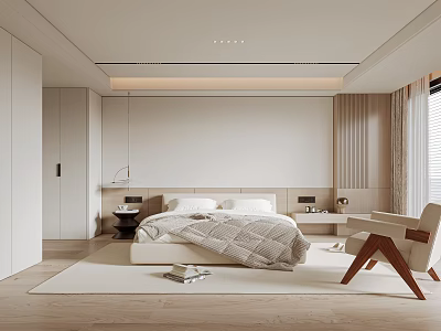 Modern Minimalist Bedroom Interior With Cozy Bed Wooden Nightstand Armchair And Soft Rug 3d model