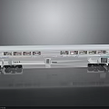 White Model Train Carriage with Multiple Windows Black Wheels and Reflection on Gray Background