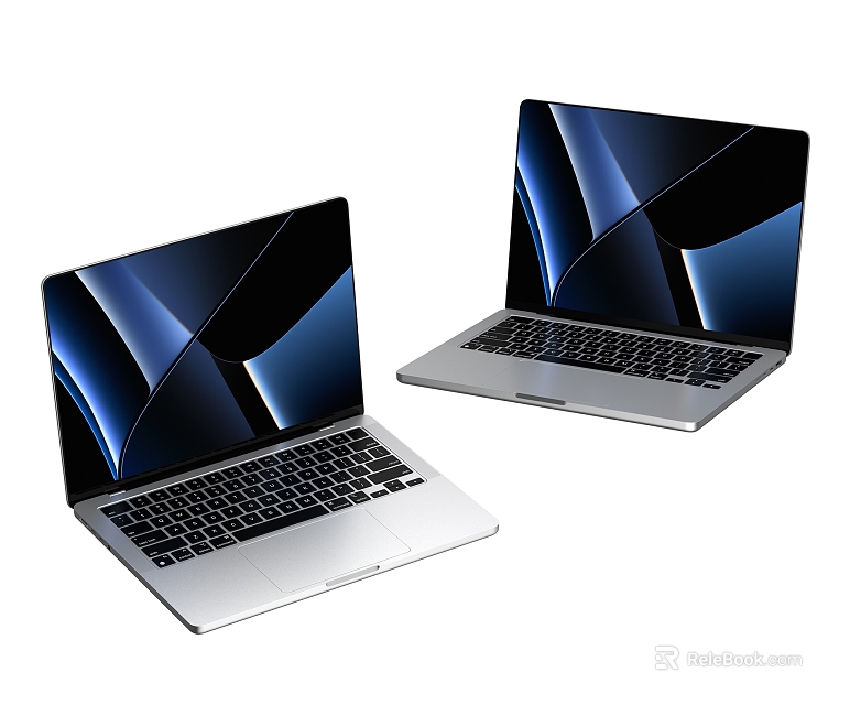 Two Open Modern Laptops With Silver Body Black Keyboard And Dark Blue Abstract Screen Design 3d model 