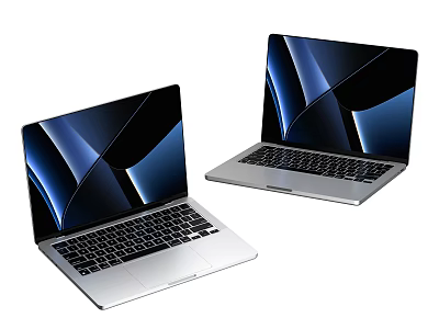 Two Open Modern Laptops With Silver Body Black Keyboard And Dark Blue Abstract Screen Design 3d model