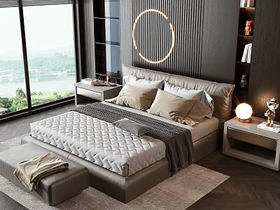 Modern Leather Upholstered Double Bed With Round Decorative Light Nightstand Table Lamp And Scenic View 3d model