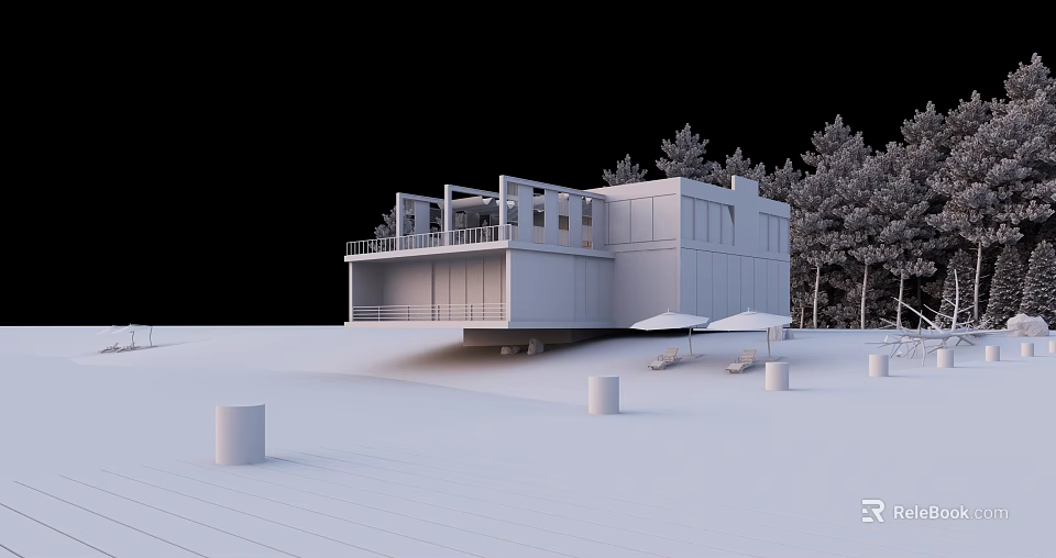 Modern Detached Villa With Snowy Surroundings Trees Terrace Umbrella And Columns 3d model 
