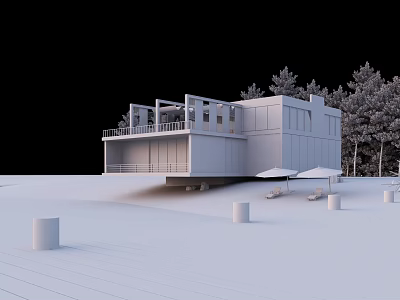 Modern Detached Villa With Snowy Surroundings Trees Terrace Umbrella And Columns 3d model