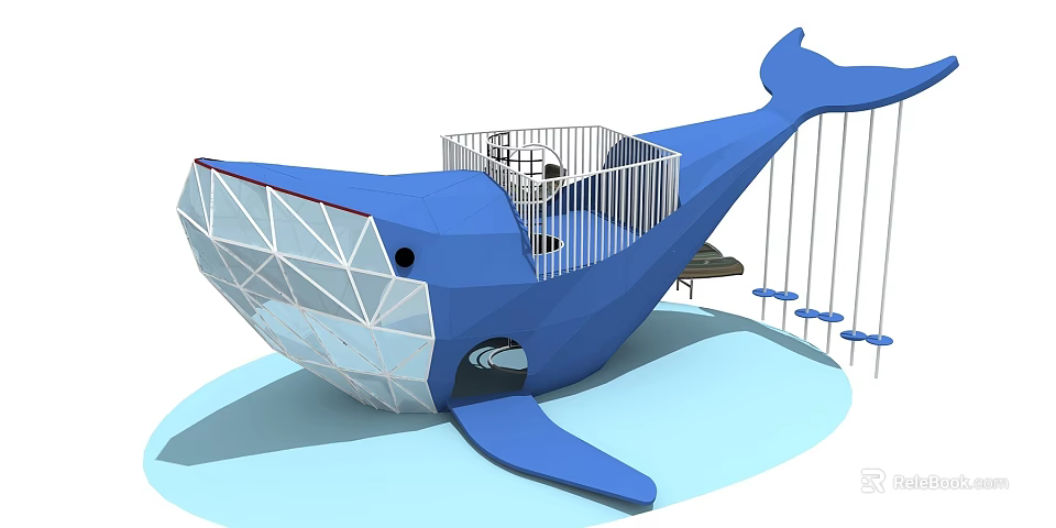 Whale Shaped Blue Play Equipment With Swings And Railing Platform For Kids 3d model 