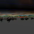 Game Movie Characters Mounted On Horses Marching Across Green Grassland With Mountains And Sunset Sky