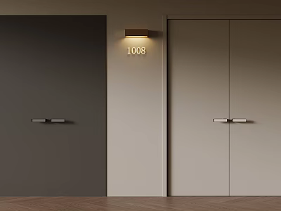Two Colored Doors With Silver Handles And Wall Lamp Displaying Number 1008 3d model