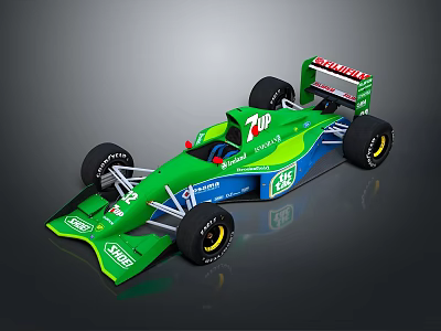 Green and blue open wheel race car with 7UP Castrol TIP logos and aerodynamic design 3d model