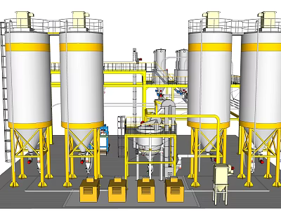 Industrial Equipment With Large Storage Tanks Yellow Supports And Piping Systems 3d model