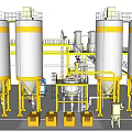 Industrial Equipment With Large Storage Tanks Yellow Supports And Piping Systems