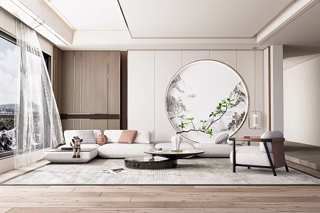 Modern Living Room Fabric Corner Sofa Single Sofa Coffee Table Combination Living Room Green Planting Sofa Background Wall 3d model