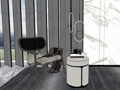 Modern Leisure Chair With Black Backrest And Round Side Table By Floor To Ceiling Window 3d model