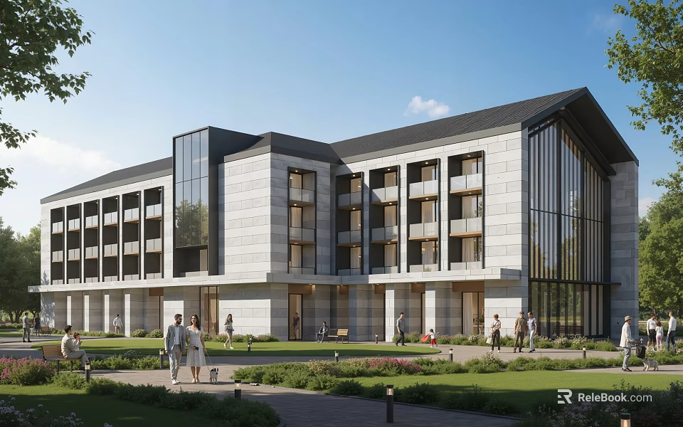 Modern Office Building Exterior Design With Glass Curtain Walls Stone Facade And Landscaped Gardens 3d model 