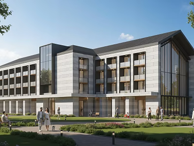 Modern Office Building Exterior Design With Glass Curtain Walls Stone Facade And Landscaped Gardens 3d model