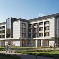 Modern Office Building Exterior Design With Glass Curtain Walls Stone Facade And Landscaped Gardens