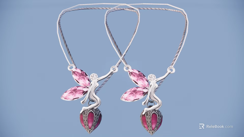 Silver Necklaces With Fairy Shaped Pendants Pink Wings And Red Gemstone Bases 3d model 
