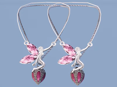 Silver Necklaces With Fairy Shaped Pendants Pink Wings And Red Gemstone Bases 3d model