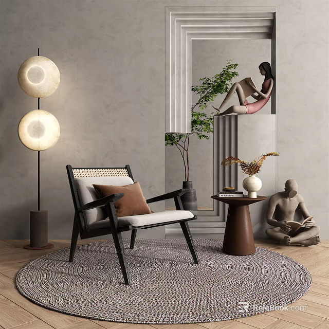 Modern Minimalist Leisure Chair Interior With Wicker Backrest Cushion Floor Lamp And Green Plant 3d model 