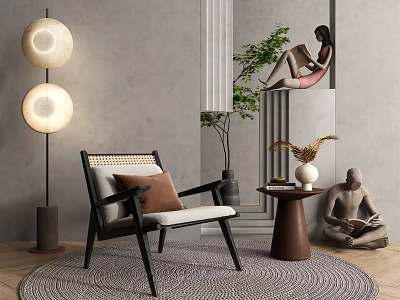 Modern Minimalist Leisure Chair Interior With Wicker Backrest Cushion Floor Lamp And Green Plant 3d model