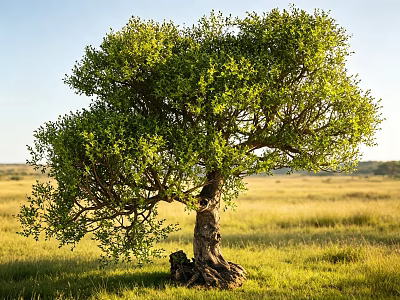 Sunlit Arbor with Lush Green Foliage and Thick Trunk in Open Grassland 3d model