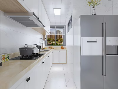 Modern Kitchen Interior With White Cabinets Light Countertop Silver Refrigerator Range Hood Window And Flowers 3d model
