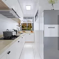 Modern Kitchen Interior With White Cabinets Light Countertop Silver Refrigerator Range Hood Window And Flowers