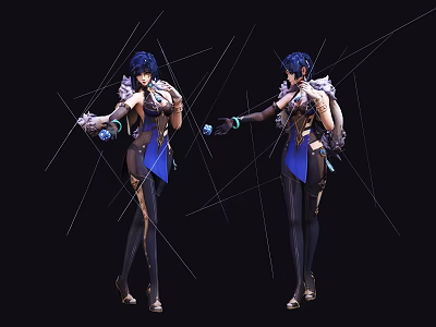 Game Movie Character With Blue Short Hair Black Tight Outfit Mechanical Arm And Blue Orb 3d model