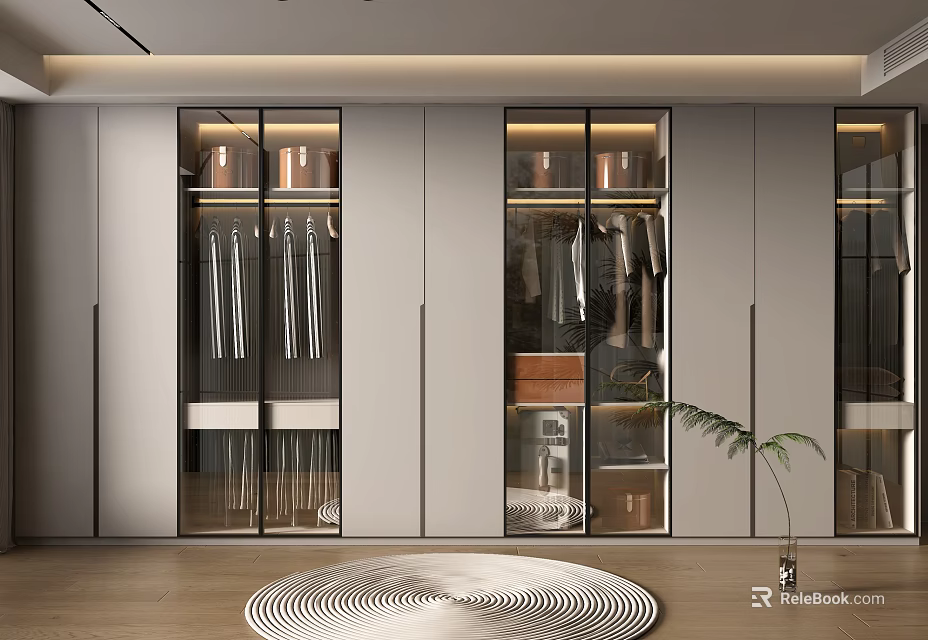 Modern Walk in Closet Interior Design With Glass Door Cabinets Hanging Clothes And Storage Boxes 3d model 