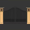 Black Wrought Iron Gate With Beige Stone Pillars And Ornate Design For Entrance