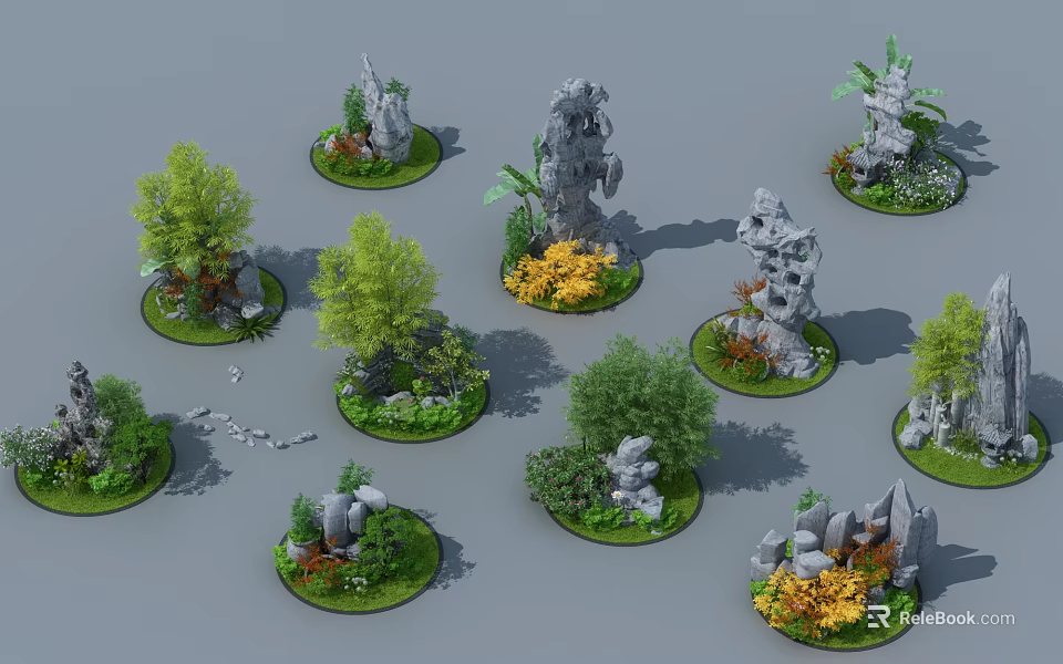 Miniature Garden Landscapes With Stones Trees Green Plants And Yellow Flowers On Circular Bases 3d model 