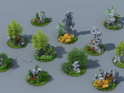 Miniature Garden Landscapes With Stones Trees Green Plants And Yellow Flowers On Circular Bases 3d model